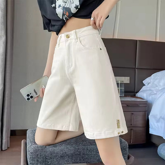 Casual Straight Leg Short Jeans, Women's New Summer Fashion Loose High-waisted Denim Wide-leg Pants Mid-length Trousers Women