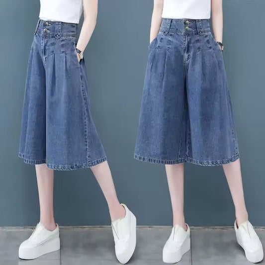Tianxi Denim Bell Bottom Women's 7/10ths Summer Thin Casual Loose-fit High-waisted Straight-leg Pants Mid-length Jeans