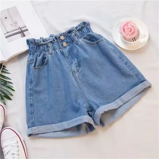 Denim Shorts Women's Elastic Waist Loose Fit Wide Leg A- line Trendy Casual Korean Style Slimming Female Jeans