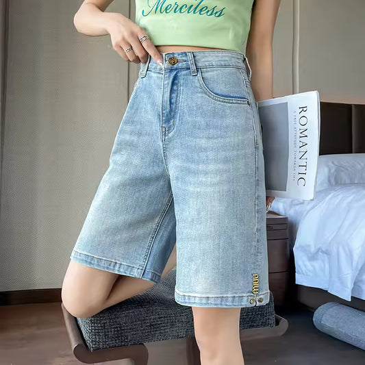 Casual Straight Leg Short Jeans, Women's New Summer Fashion Loose High-waisted Denim Wide-leg Pants Mid-length Trousers Women